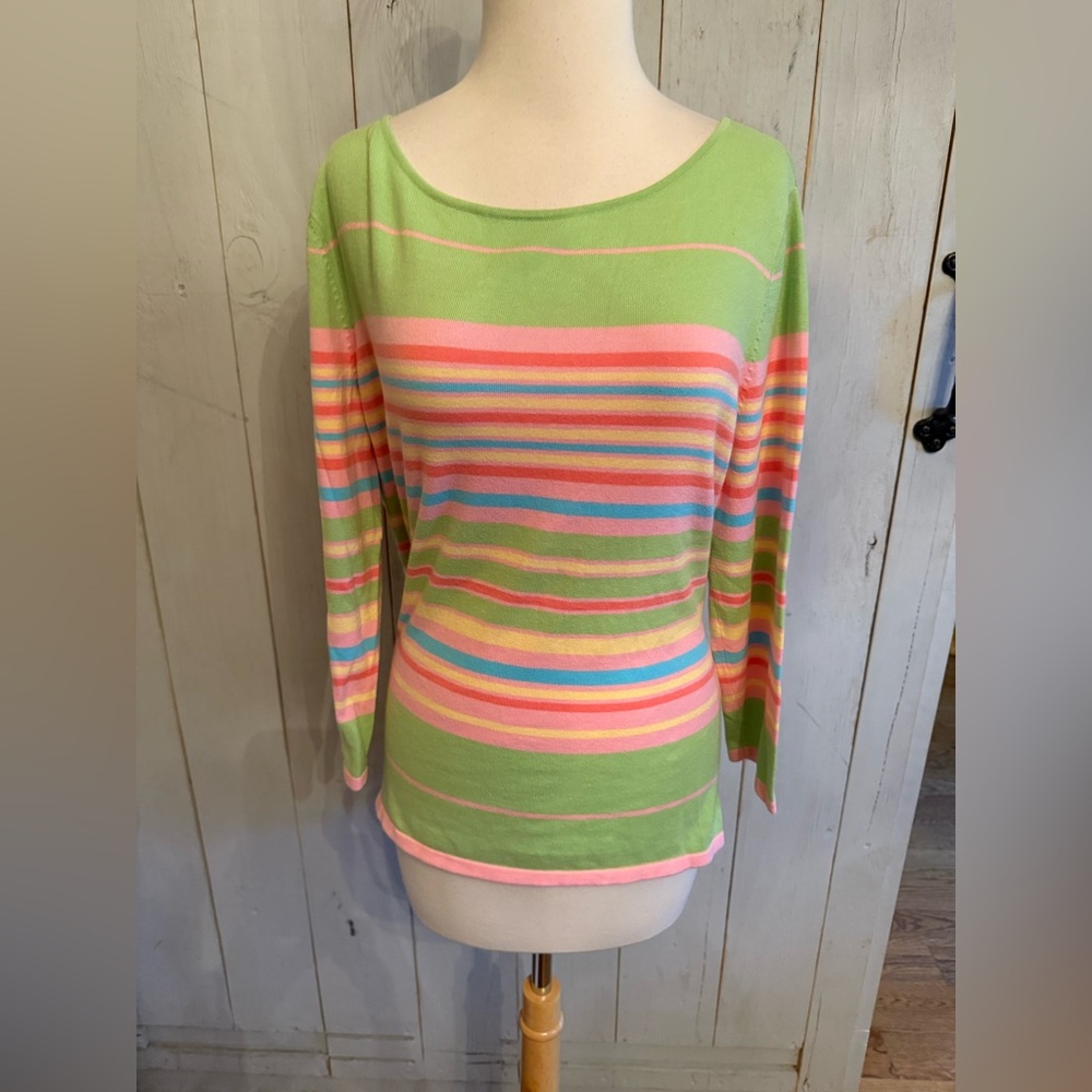 Talbots Lime Green Rainbow Striped Sweater Rayon Spandex, Lightweight Sz-Lg
